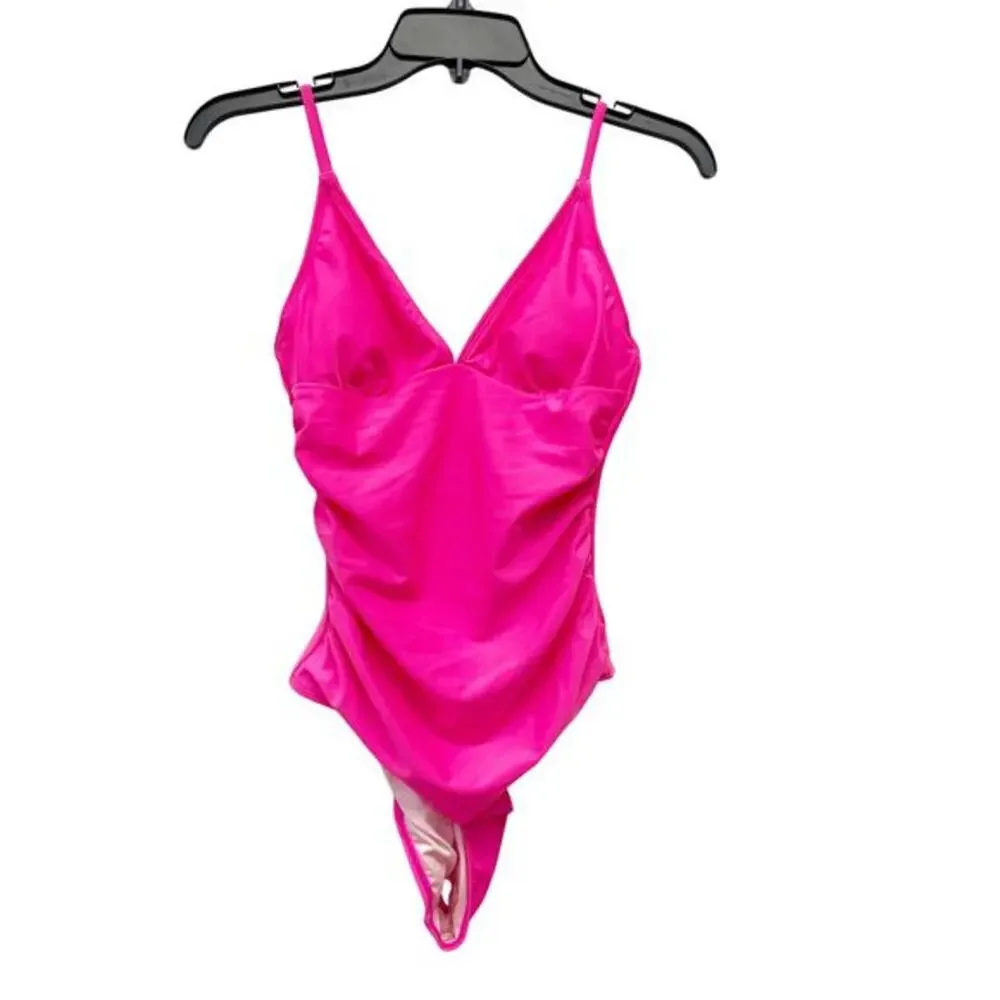 Cupshe Women's Pink Shirring V Neck‎ One Piece Swimsuit Small